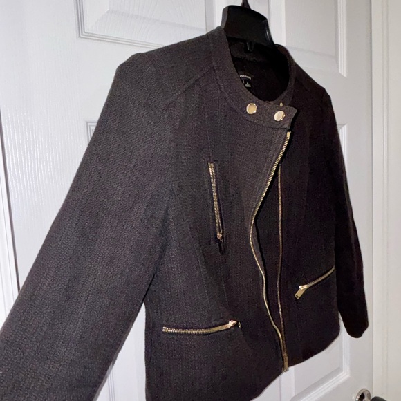 Ann Taylor Black Off Center Front gold Zipper Closure Blazer Suit Jacket  SZ 8​ - Picture 6 of 8